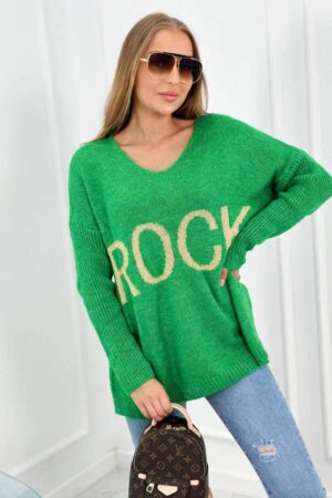 Италиански пуловер със свободна кройка и надпис “ROCK” – Светлозелен – IT-3-5