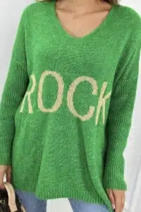 Италиански пуловер със свободна кройка и надпис “ROCK” – Светлозелен – IT-3-5