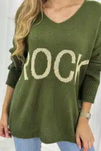 Италиански пуловер със свободна кройка и надпис “ROCK” – Каки – IT-3-6