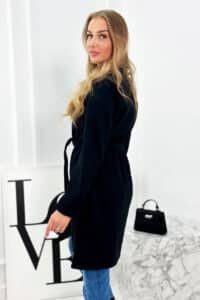 Италианско Елегантно Палто С Копче И Връзка На Талията – Черно – 2861-2