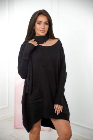Италиански топъл пуловер с джобове и връзка на талията – Черно – WV-04-3