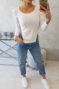 Еластична Блуза с Буфан ръкави – Бялa – 68932-1