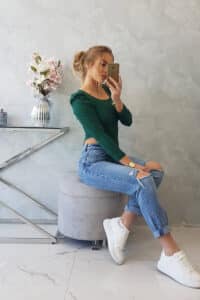 Еластична Блуза с Буфан ръкави – Зелена – 68932