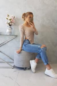 Еластична Блуза с Буфан ръкави – Тъмнобежовa – 68932-2