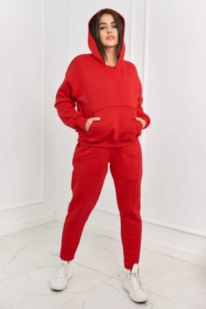 Топъл комплект от 2 части – Суитшърт + Панталон с джобове – Червено – 9577