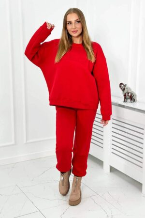 Ватиран Памучен Комплект От Две Части – Блуза + Панталон – Червено – 9597-6