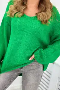 Италиански  пуловер с удължен гръб и отворено деколте – Зелен – IT-11