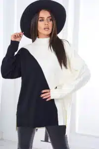 Двуцветен Пуловер С Удължен Гръб – Тип поло – Черно – 2024-15