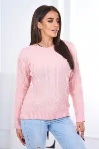 Вълнен Плетен Пуловер – Каре – Прахово розово – 2024-13-3