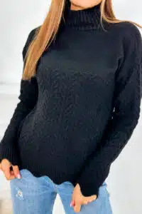 Вълнен Пуловер – Тип Поло – Черно – 2024-8-5