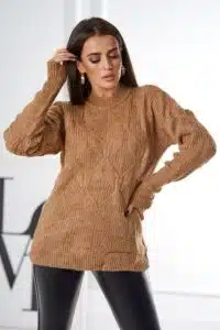 Плетен Пуловер – Тип Поло – Кафяв – 24-6-8