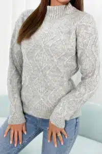 Плетен Пуловер Тип Поло – Сив – 2024-10-5