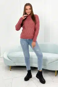 Плетен пуловер тип поло  – Тъмнорозов – 2024-10