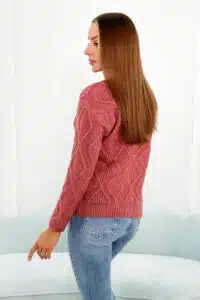 Плетен пуловер тип поло  – Тъмнорозов – 2024-10