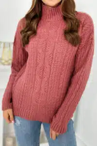 Плетен Пуловер Тип Поло – Тъмнорозов – 2024-9-7