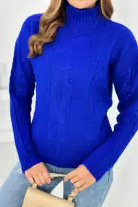 Плетен Пуловер Тип Поло – Син – 2024-9-3