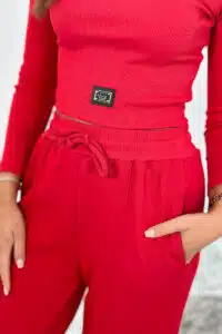 Комплект От Две Части – Блуза + Панталон С Връзки На Талията – Червено – 9624-4