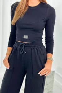 Комплект От Две Части – Блуза + Панталон С Връзки На Талията – Черно – 9624-6