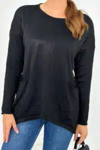 Пуловер с предни джобове – Черен – 24-32-4