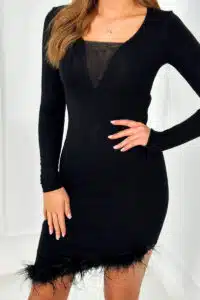 Елегантна къса  рокля с пух – Черен – 9647