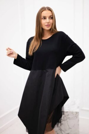 Разкроена италианска рокля с дълъг ръкав и подплата от тюл – Черен – 37702