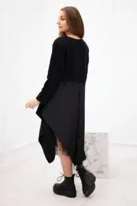 Разкроена италианска рокля с дълъг ръкав и подплата от тюл – Черен – 37702