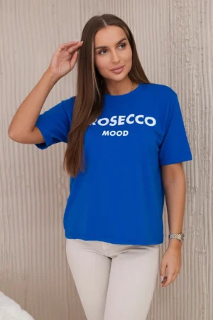 Синя памучна тениска с надпис Prosecco Mood – 9666-1