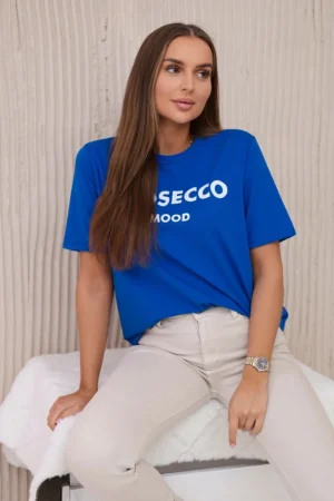 Синя памучна тениска с надпис Prosecco Mood – 9666-1