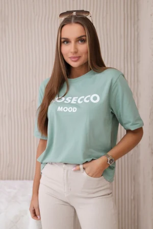 Памучна тениска с надпис Prosecco Mood в цвят Мента – 9666-4