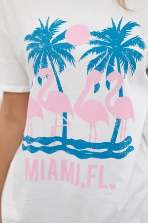 Дамска памучна тениска с надпис Miami – Бяла – 01-2522