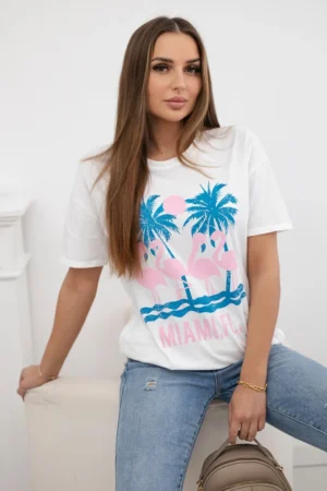 Дамска памучна тениска с надпис Miami – Бяла – 01-2522
