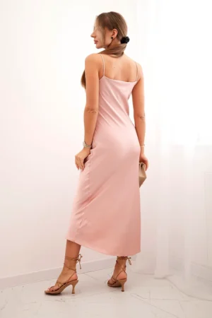 Сатенена Дълга рокля с Деколте – Розова – ART5054-1-3