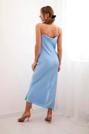 Сатенена Дълга рокля с Деколте – Синя  – ART5054-1-4