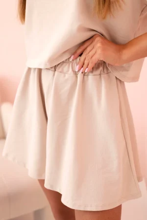 Дамски памучен комплект с къси панталони и топ – Бежов – 7468-2