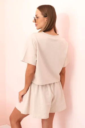Дамски памучен комплект с къси панталони и топ – Бежов – 7468-2