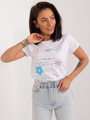 Стилна тениска с надписи и цветя – Бял – 529995