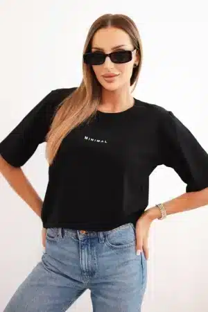 Дамска Памучна Тениска с надпис Minimal – Черен – PL5