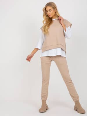 Стилен Дамски Комплект от 3 части – Бежов – 318025