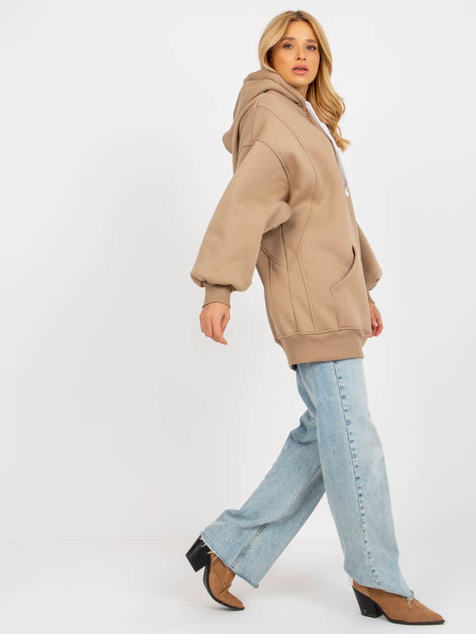 Стилна блуза тип кенгуру – Тъмно бежов – 345854