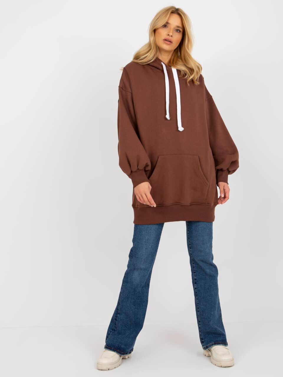 Стилна блуза кенгуру – Тъмнокафяв – 345878