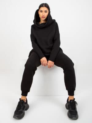 Модерен комплект блуза с голяма яка и панталон – Черен – 346059