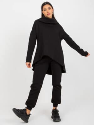 Модерен комплект блуза с голяма яка и панталон – Черен – 346059