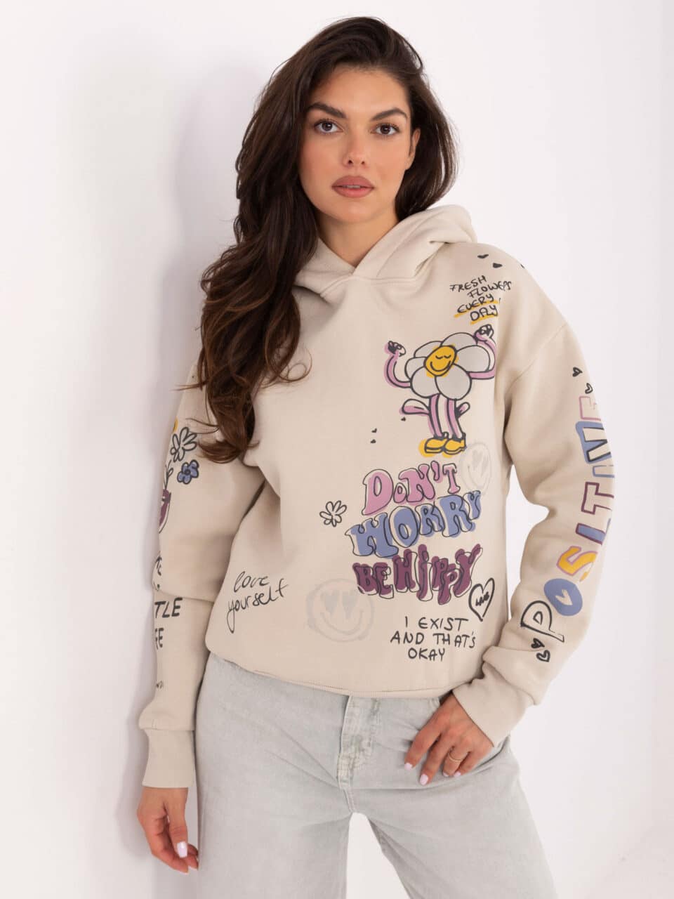 Стилна блуза с надпис – Бежов – 910801