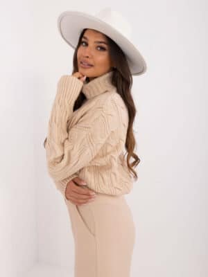 Шикозен пуловер с висока яка – Бежов – 557684