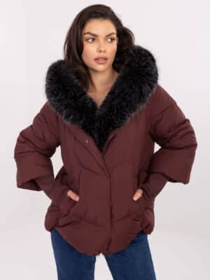 Зимно дамско яке с пухена яка – Бордо – 045790