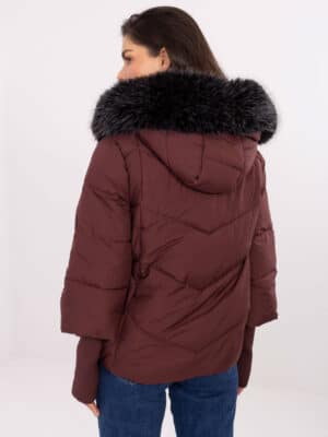 Зимно дамско яке с пухена яка – Бордо – 045790