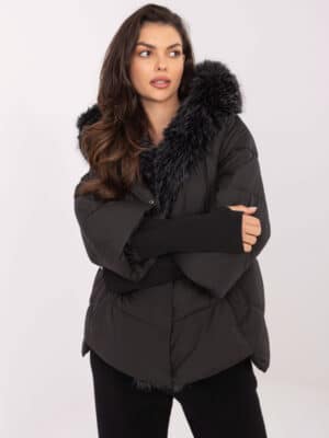Стилно зимно яке с пухкава яка – Черен – 045721
