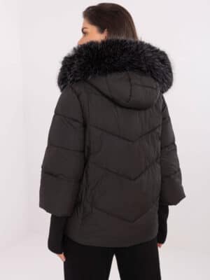 Стилно зимно яке с пухкава яка – Черен – 045721