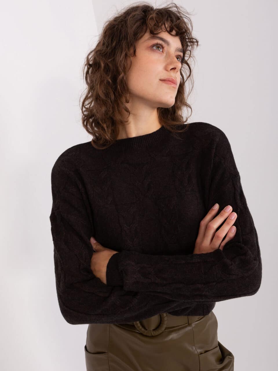 Стилен пуловер с плетки – Черен – 472468