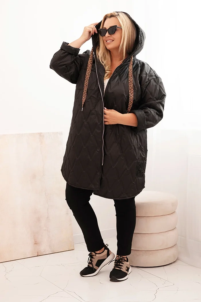 Plus Size women's quilted jacket with a hood and the word HOPE black-2